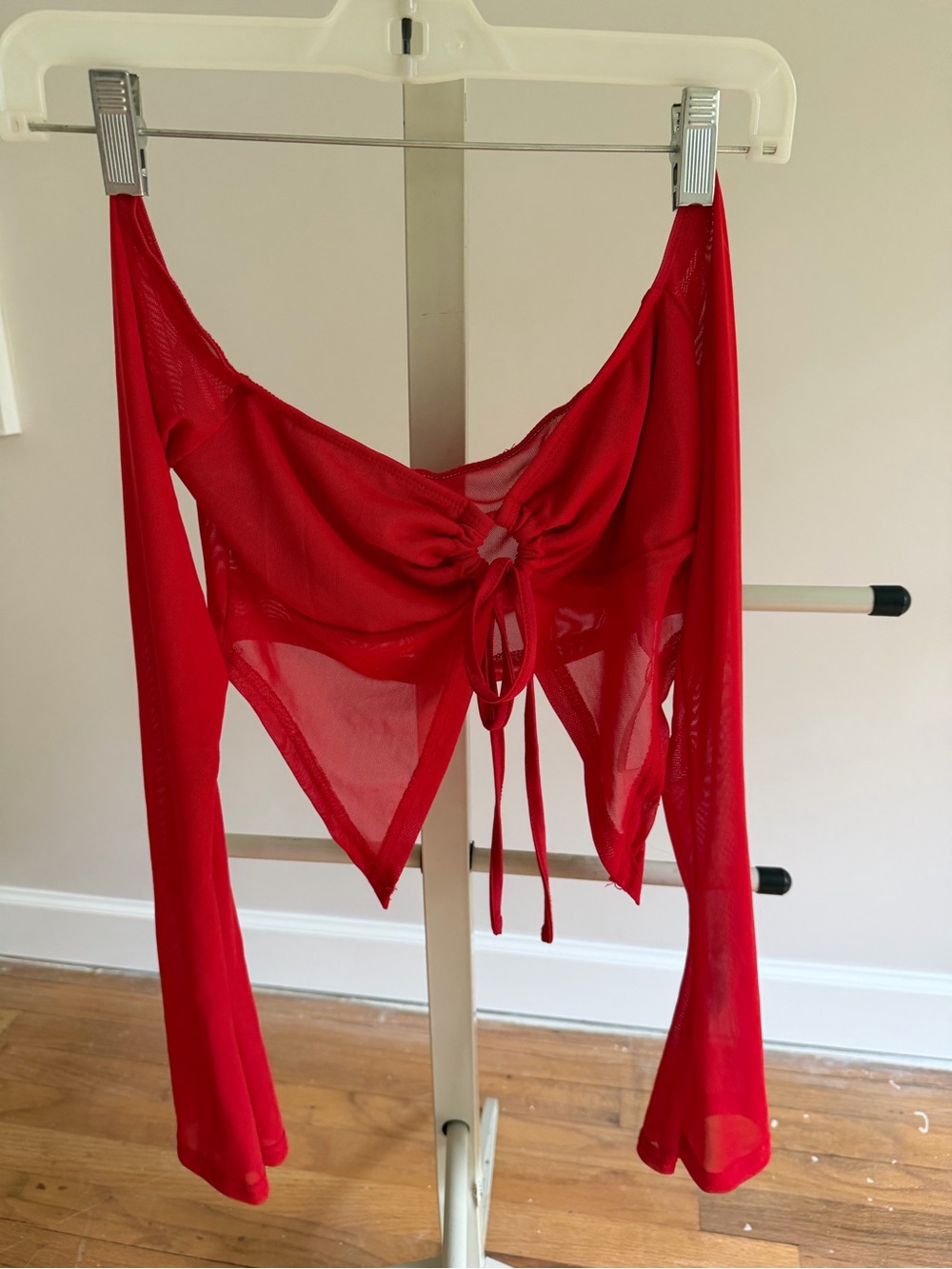 SHEIN Red Sheer Ruched Tie-Front Bandeau Top